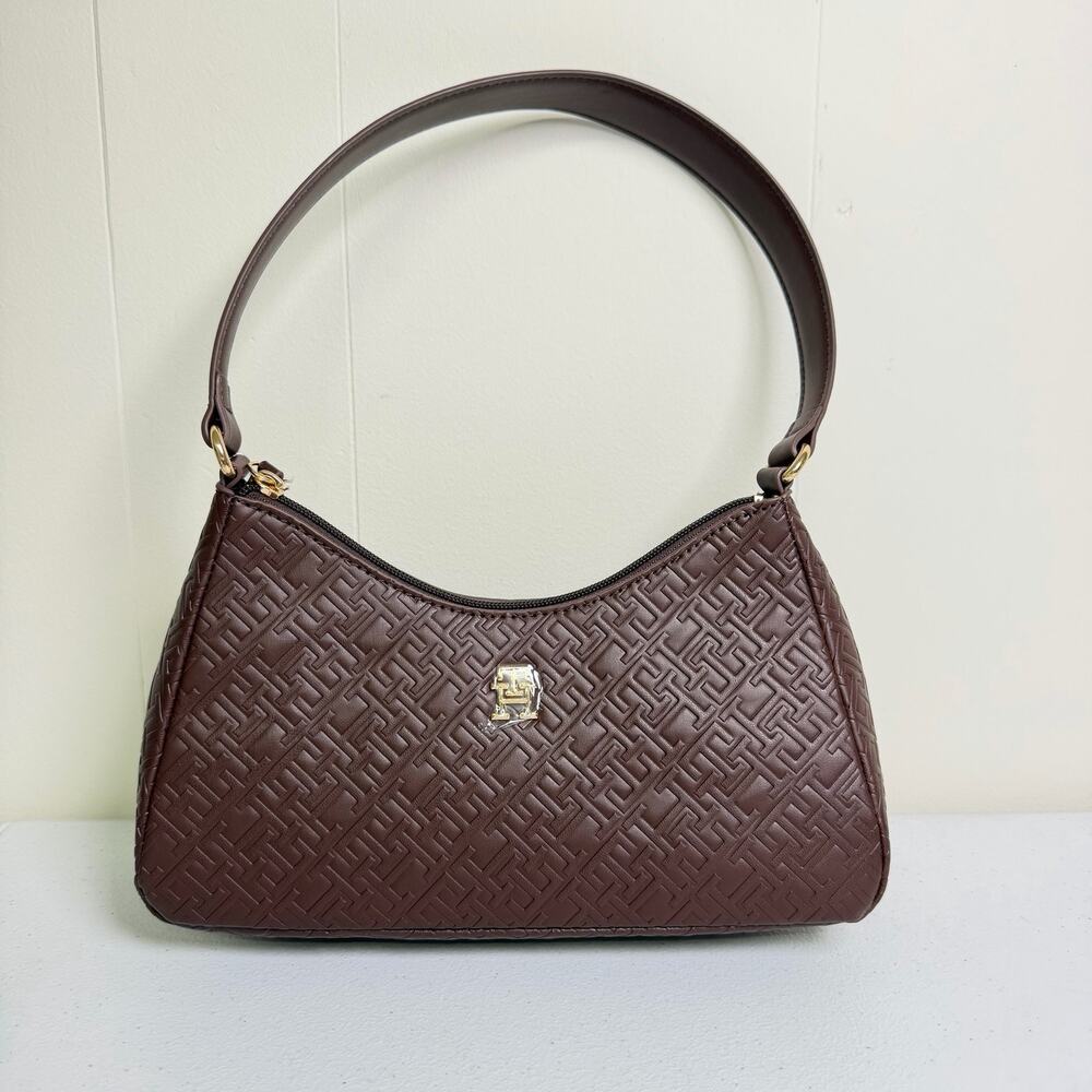 Tommy Hilfiger Brown Monogram Embossed Hobo Shoulder Bag Gold Hardware